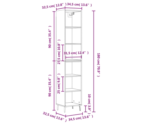 vidaXL augstais plaukts, ozolkoka, 34,5x32,5x180 cm, inženierijas koks