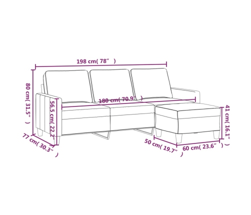 vidaXL trīsvietīgs dīvāns ar kājsoliņu, 180 cm, gaiši pelēks audums