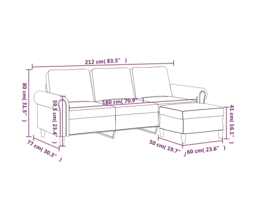 vidaXL trīsvietīgs dīvāns ar kājsoliņu, 180 cm, tumši zaļš samts
