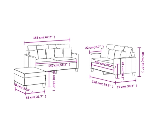 vidaXL trīsdaļīgs dīvānu komplekts ar spilveniem, krēmkrāsas audums