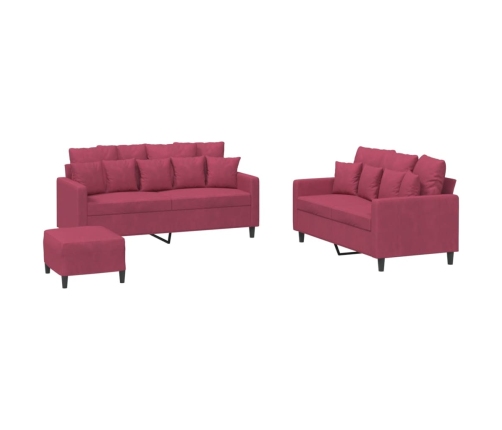 vidaXL trīsdaļīgs dīvānu komplekts ar spilveniem, vīnsarkans samts