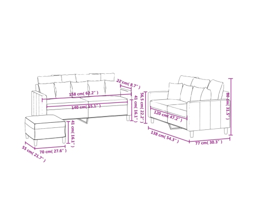 vidaXL trīsdaļīgs dīvānu komplekts ar spilveniem, vīnsarkans samts