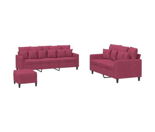 vidaXL trīsdaļīgs dīvānu komplekts ar spilveniem, vīnsarkans samts
