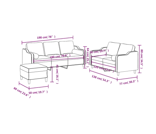 vidaXL trīsdaļīgs dīvānu komplekts ar spilveniem, gaiši pelēks audums