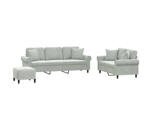 vidaXL trīsdaļīgs dīvānu komplekts ar spilveniem, gaiši pelēks samts