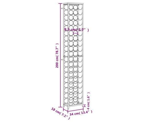 Vīna Pudeļu Plaukts 57 Pudelēm, 34X18X200 Cm, Kalta Dzelzs Vidaxl