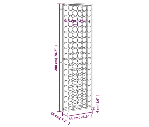 vidaXL vīna pudeļu plaukts 95 pudelēm, 54x18x200 cm, melna dzelzs