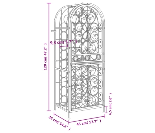 vidaXL vīna pudeļu plaukts 41 pudelei, 45x36x120 cm, kalta dzelzs