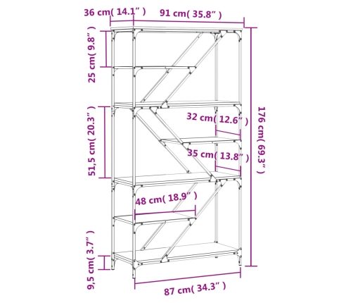 vidaXL grāmatplaukts, ozola, 91x36x176 cm, inženierijas koks, tērauds