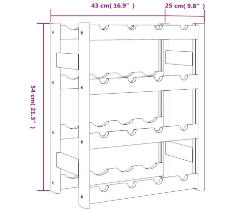 vidaXL vīna pudeļu plaukts 16 pudelēm, pelēks priedes masīvkoks