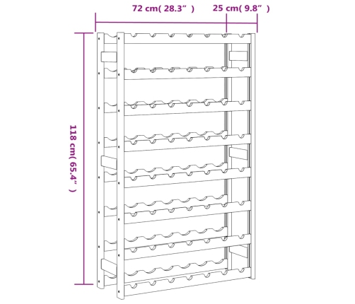 vidaXL vīna pudeļu plaukts 56 pudelēm, brūns priedes masīvkoks