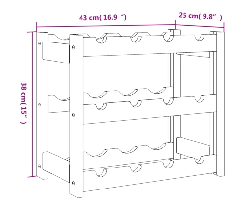 vidaXL vīna pudeļu plaukts 12 pudelēm, melns priedes masīvkoks