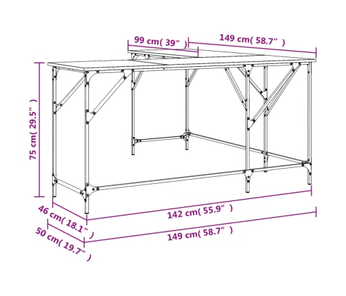 vidaXL rakstāmgalds, pelēka ozolkoka, 149x149x75 cm, inženierijas koks