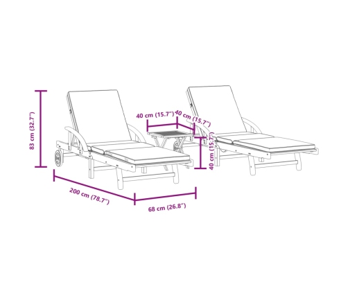 vidaXL sauļošanās zvilņi ar galdiņu, 2 gab., akācijas masīvkoks