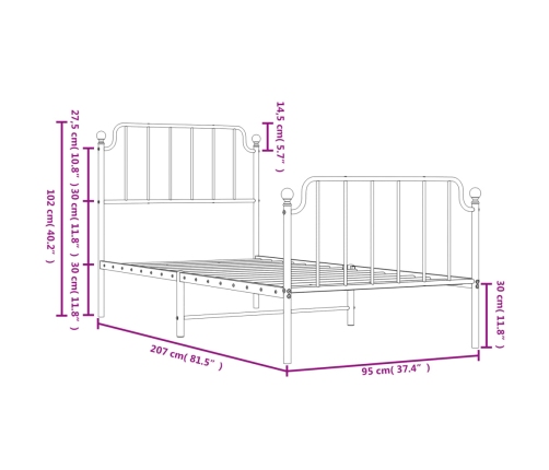 vidaXL gultas rāmis ar galvgali un kājgali, balts metāls, 90x200 cm