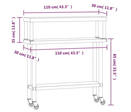 vidaXL virtuves darba galds ar plauktu, 110x30x120 cm, tērauds