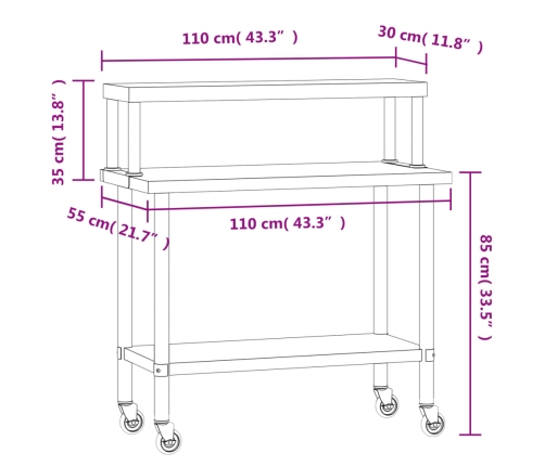 vidaXL virtuves darba galds ar plauktu, 110x55x120 cm, tērauds