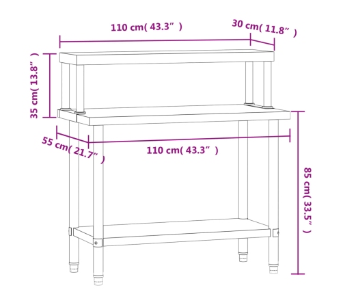 vidaXL virtuves darba galds ar plauktu, 110x55x120 cm, tērauds