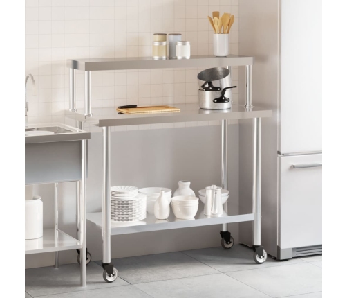 vidaXL virtuves darba galds ar plauktu, 110x55x120 cm, tērauds