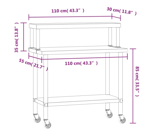 vidaXL virtuves darba galds ar plauktu, 110x55x120 cm, tērauds