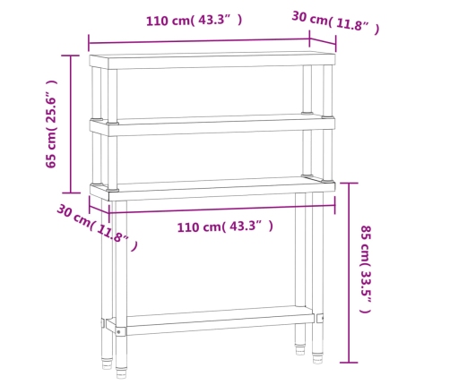 vidaXL virtuves darba galds ar plauktu, 110x30x150 cm, tērauds
