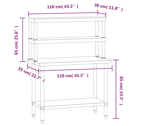 vidaXL virtuves darba galds ar plauktu, 110x55x150 cm, tērauds