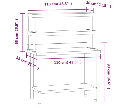 vidaXL virtuves darba galds ar plauktu, 110x55x150 cm, tērauds