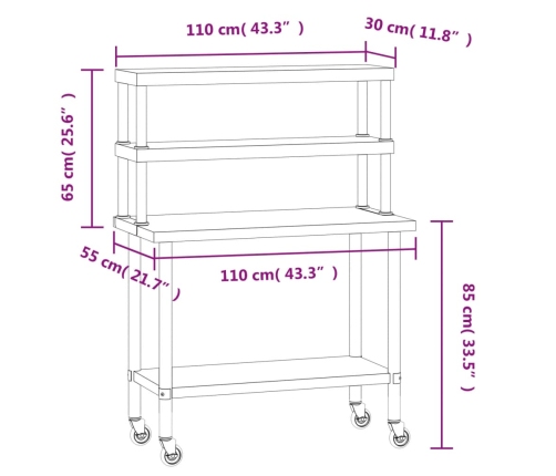 vidaXL virtuves darba galds ar plauktu, 110x55x150 cm, tērauds