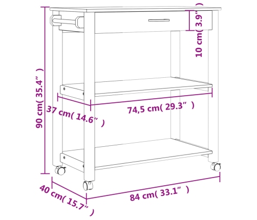 vidaXL virtuves ratiņi MONZA, 84x40x90 cm, priedes masīvkoks