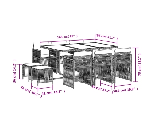 vidaXL 11-daļīgs dārza mēbeļu komplekts, matrači, melna PE rotangpalma