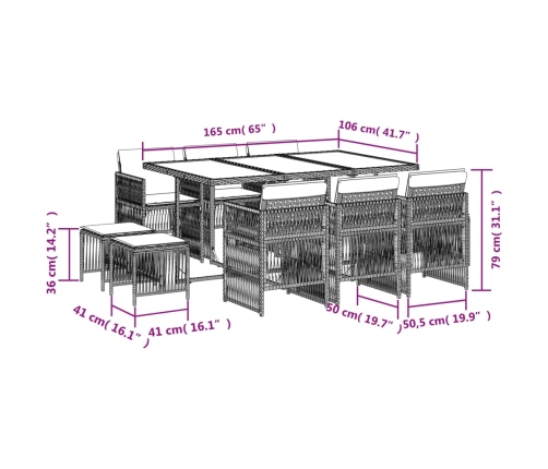 vidaXL 11-daļīgs dārza mēbeļu komplekts, matrači, brūna PE rotangpalma