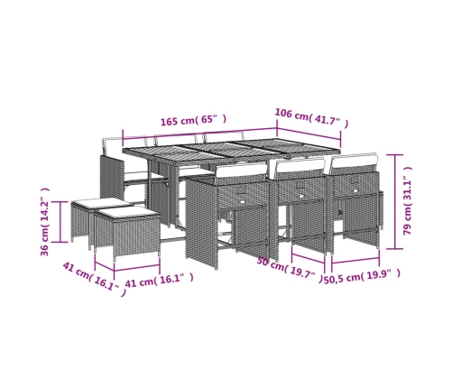 vidaXL 11-daļīgs dārza mēbeļu komplekts ar matračiem, PE rotangpalma