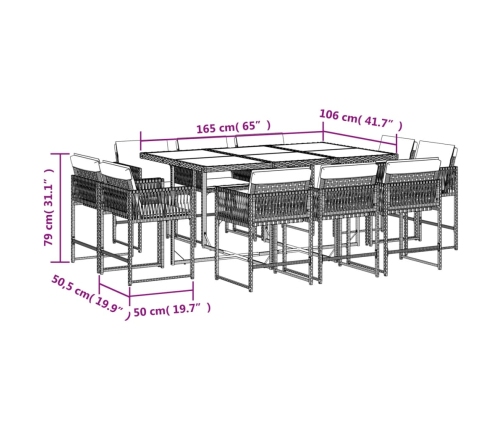 vidaXL 11-daļīgs dārza mēbeļu komplekts ar matračiem, PE rotangpalma
