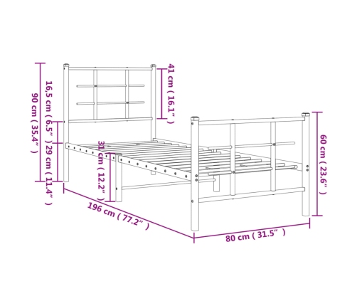 vidaXL gultas rāmis ar galvgali un kājgali, balts metāls, 75x190 cm