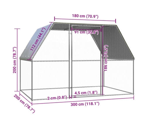 vidaXL vistu būris, 3x2x2 m, sudrabains un pelēks, cinkots tērauds