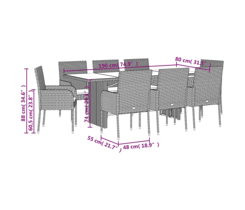 vidaXL 9-daļīgs dārza mēbeļu komplekts, matrači, melns, PE rotangpalma