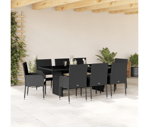 vidaXL 9-daļīgs dārza mēbeļu komplekts, matrači, melns, PE rotangpalma