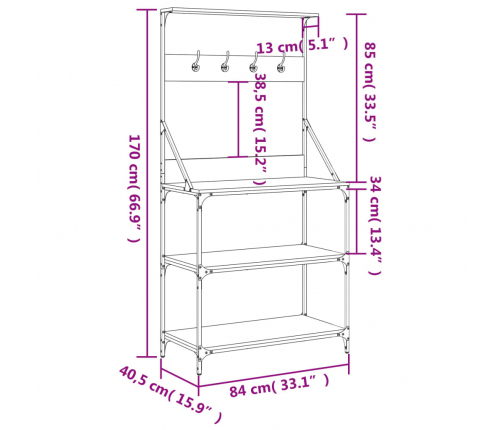 vidaXL virtuves plaukts, 4 līmeņi, pelēka ozola, inženierijas koks