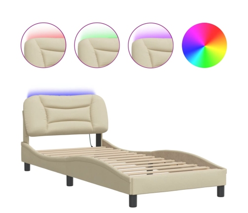 vidaXL gultas rāmis ar LED, krēmkrāsas, 90x200 cm, audums
