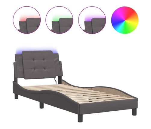 vidaXL gultas rāmis ar LED, pelēks, 90x190 cm, mākslīgā āda