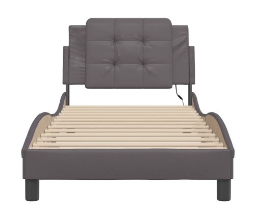 vidaXL gultas rāmis ar LED, pelēks, 90x190 cm, mākslīgā āda