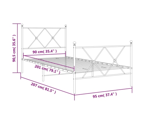 vidaXL gultas rāmis ar galvgali un kājgali, balts metāls, 90x200 cm