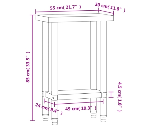 vidaXL virtuves darba galds, 55x30x85 cm, nerūsējošs tērauds