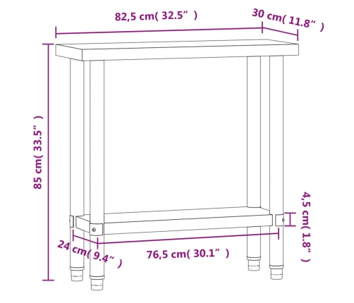 vidaXL virtuves darba galds, 82,5x30x85 cm, nerūsējošs tērauds