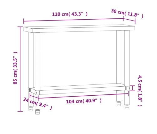 vidaXL virtuves darba galds, 110x30x85 cm, nerūsējošs tērauds