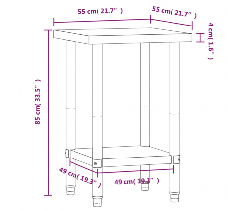 vidaXL virtuves darba galds, 55x55x85 cm, nerūsējošs tērauds