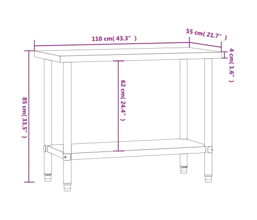 vidaXL virtuves darba galds, 110x55x85 cm, nerūsējošs tērauds