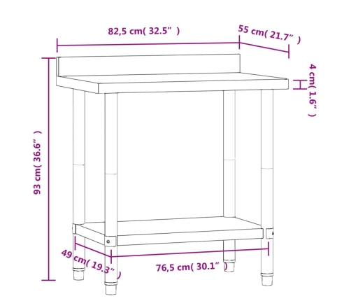 vidaXL virtuves darba galds, 82,5x55x93 cm, nerūsējošs tērauds