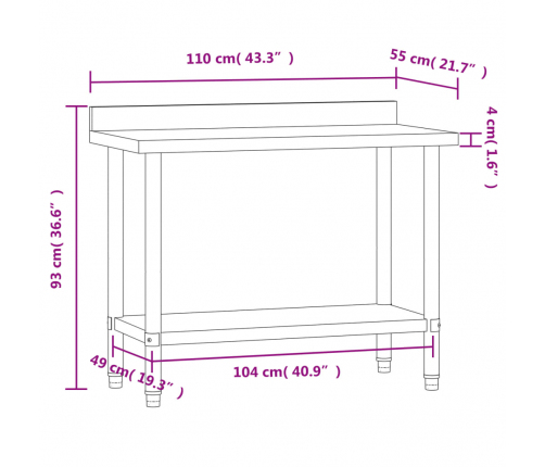 vidaXL virtuves darba galds, 110x55x93 cm, nerūsējošs tērauds