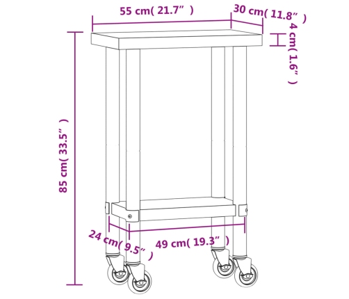vidaXL virtuves darba galds, riteņi, 55x30x85 cm, nerūsējošs tērauds